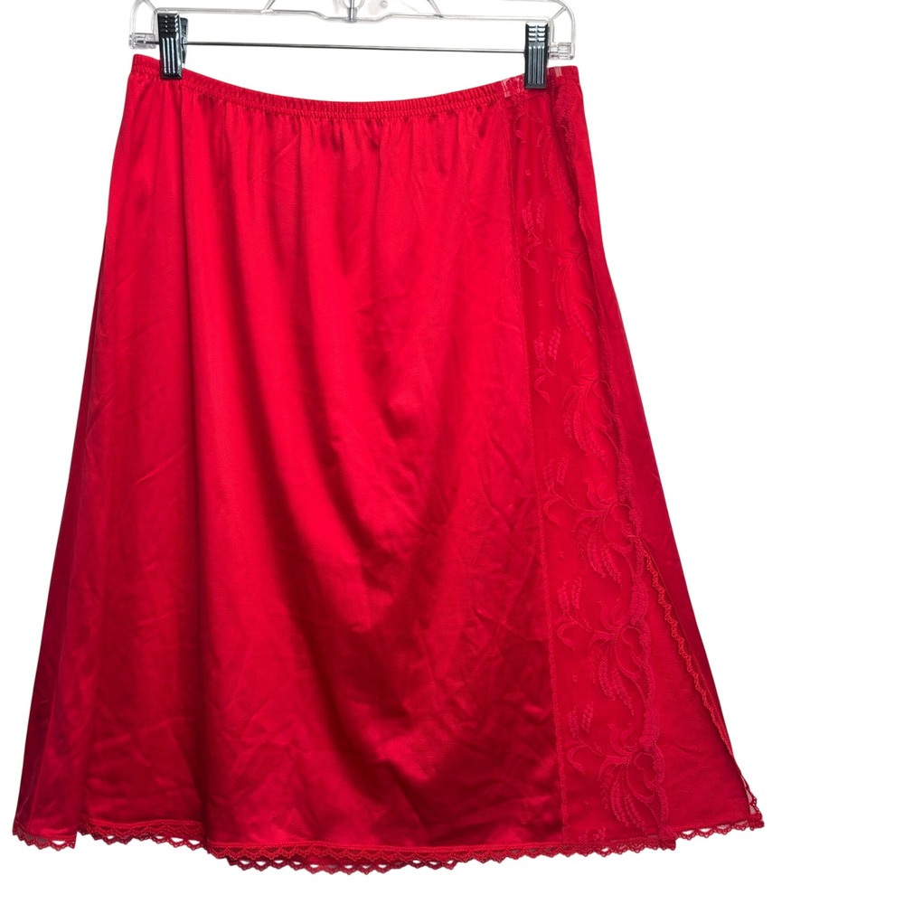 VTG‎ 60s Sabrina Red Slip Skirt Lace Side Slit Lingerie Nylon Coquette Sz L